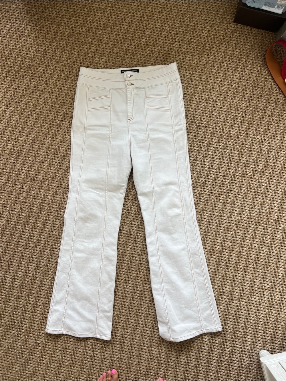 Veronica Beard High Waisted Cream Jeans with Contrast Stitching